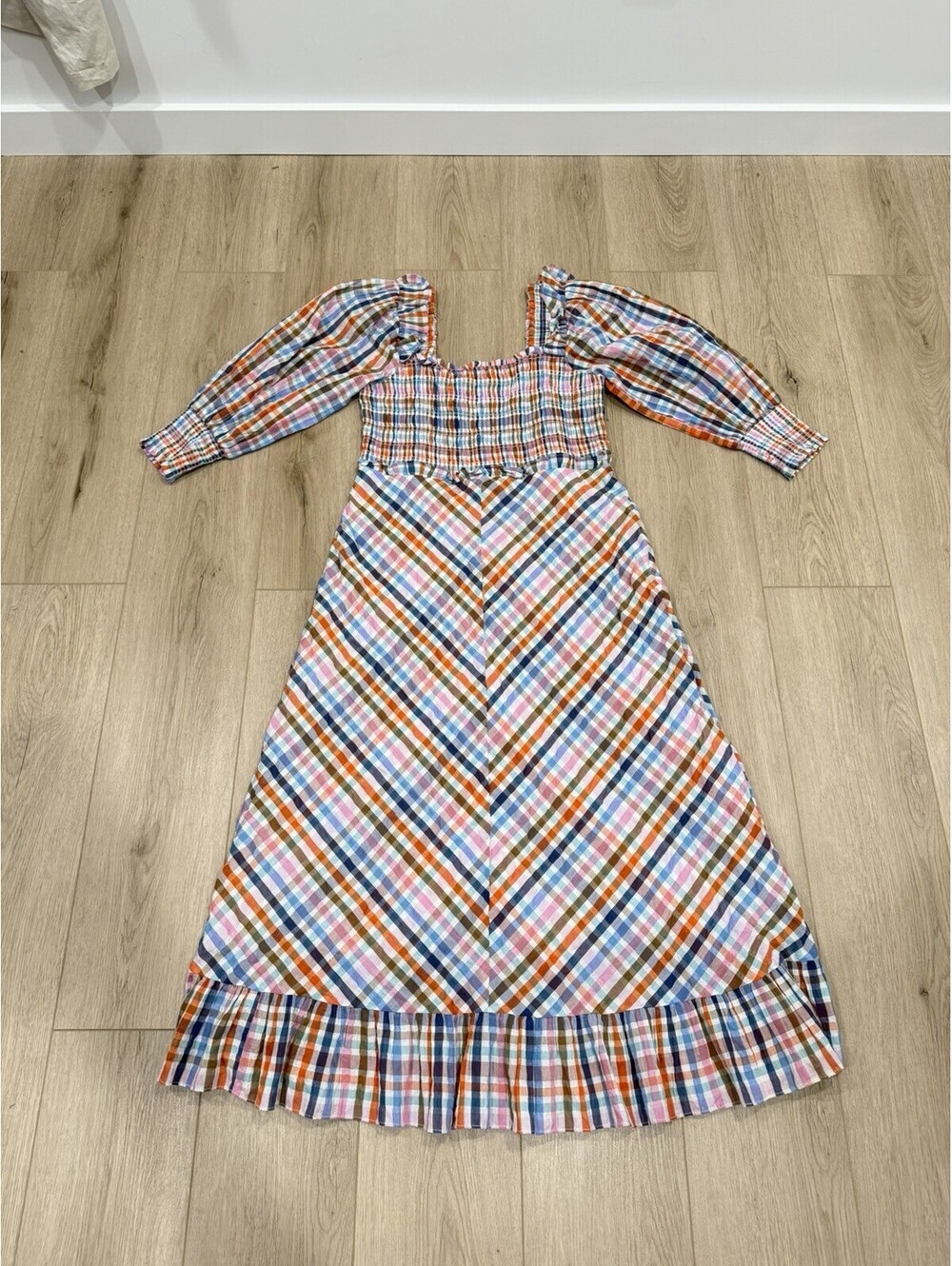 Hunter Bell Annie Midi Dress Smocked Plaid Cotton Cottage Core Ruffle Size XL